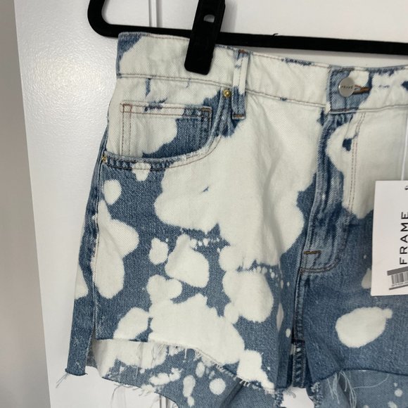 Frame Le Ultra Baggy Denim Shorts Sz 26 Bleach Spots Raw Hem High Rise - Picture 7 of 9